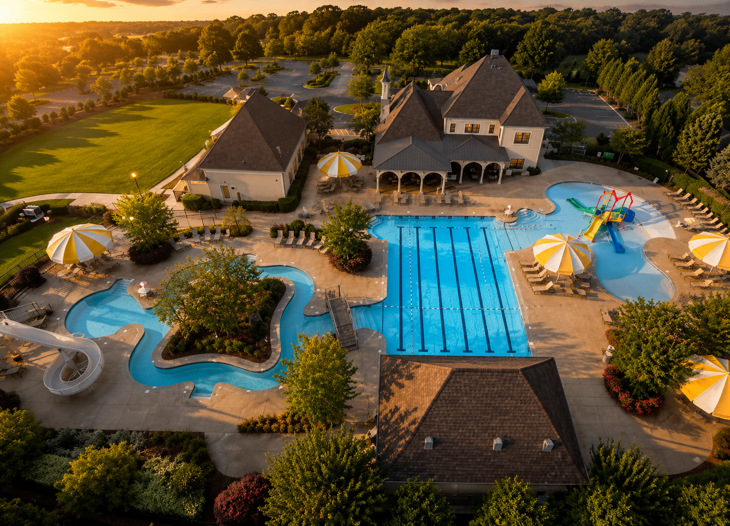 Resort-style clubhouse pool at twilight