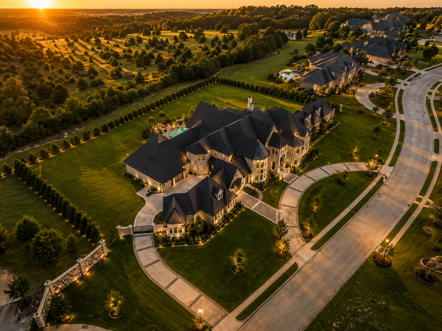 Aerial view of Providence Downs neighborhood at golden hour