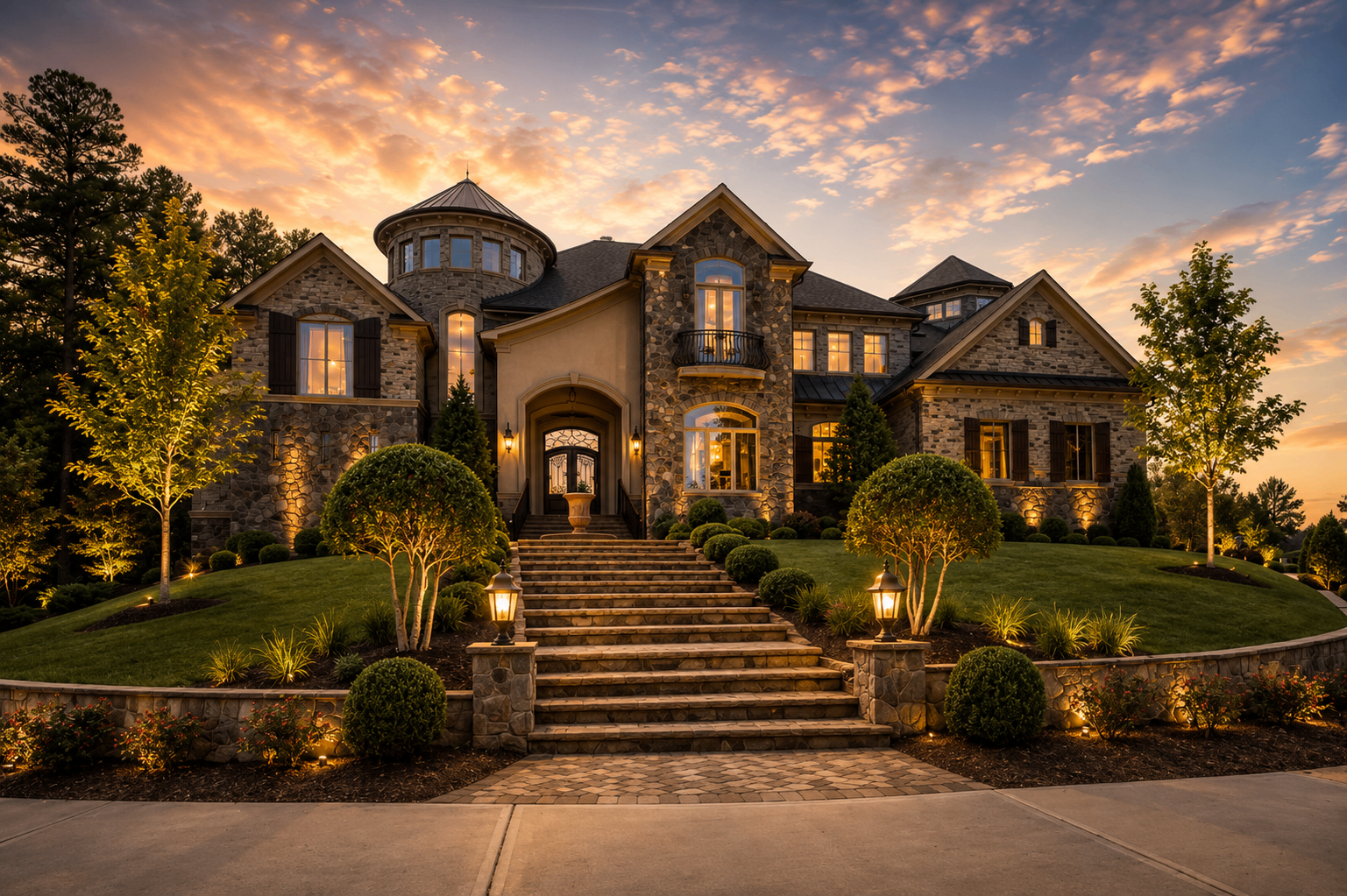 European stone and stucco estate home at golden hour