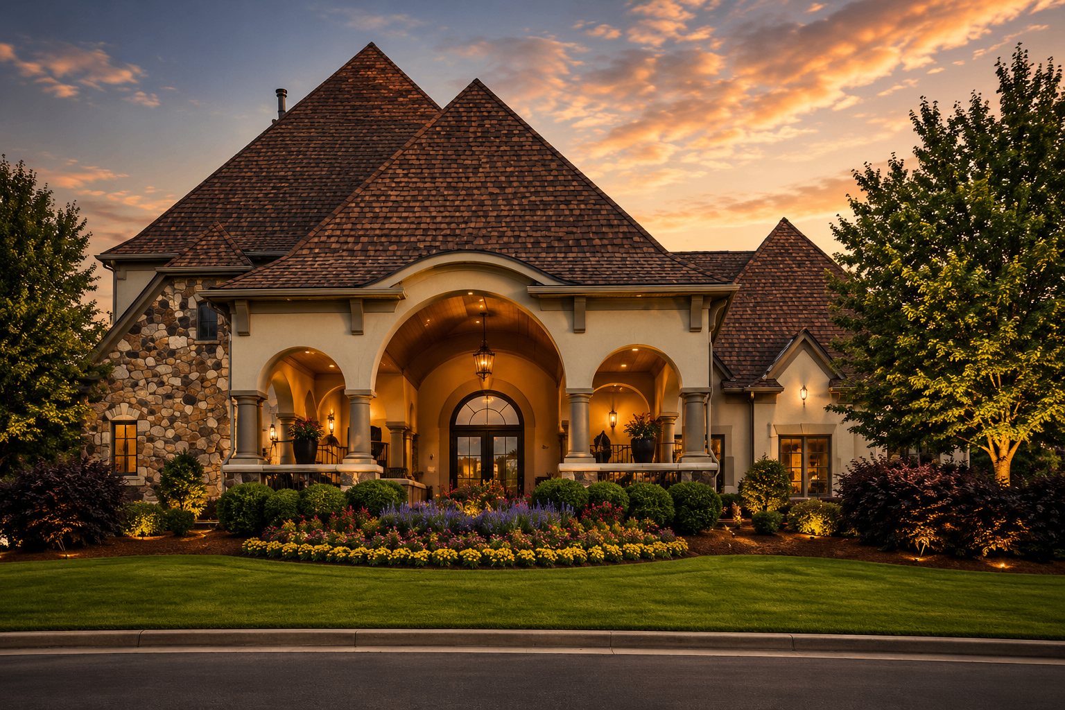 Covered terrace with stacked stone fireplace