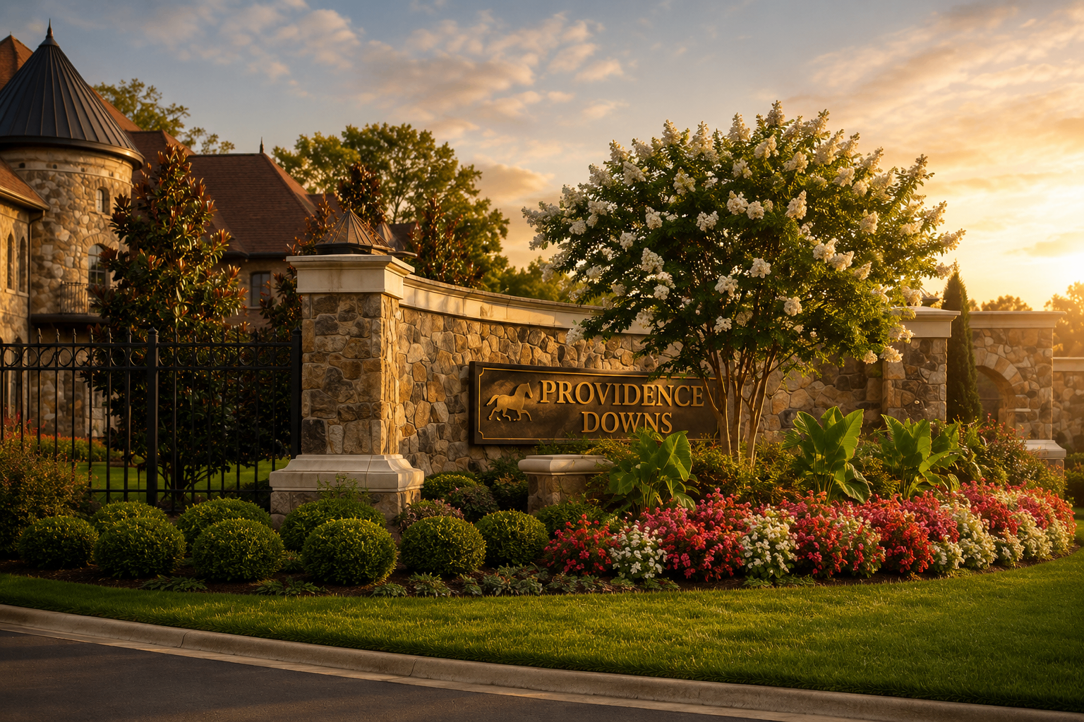 Stone-pillared gated entrance to a luxury estate community beneath a mature hardwood canopy at golden hour