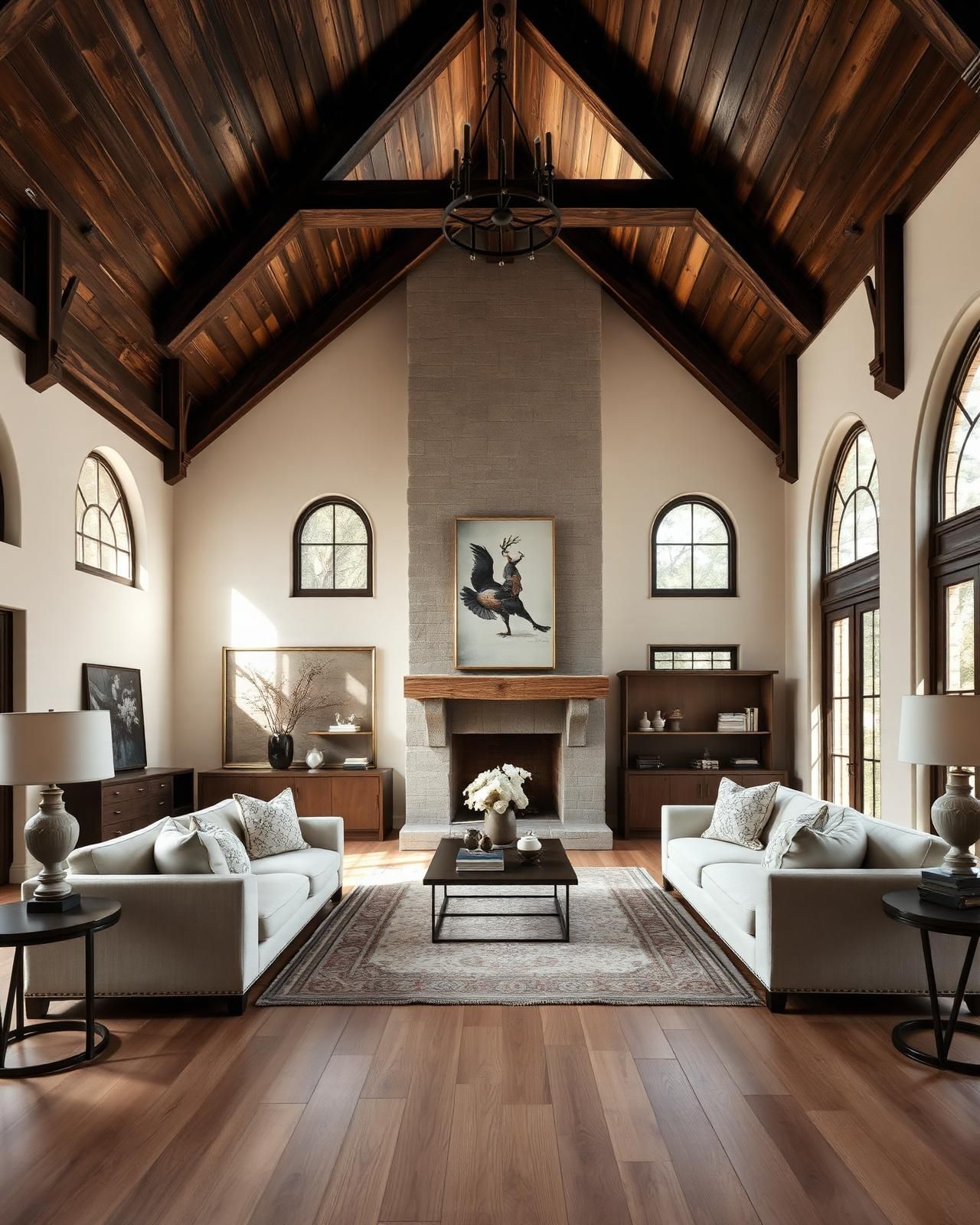 Great room with reclaimed wood beams and oak floors