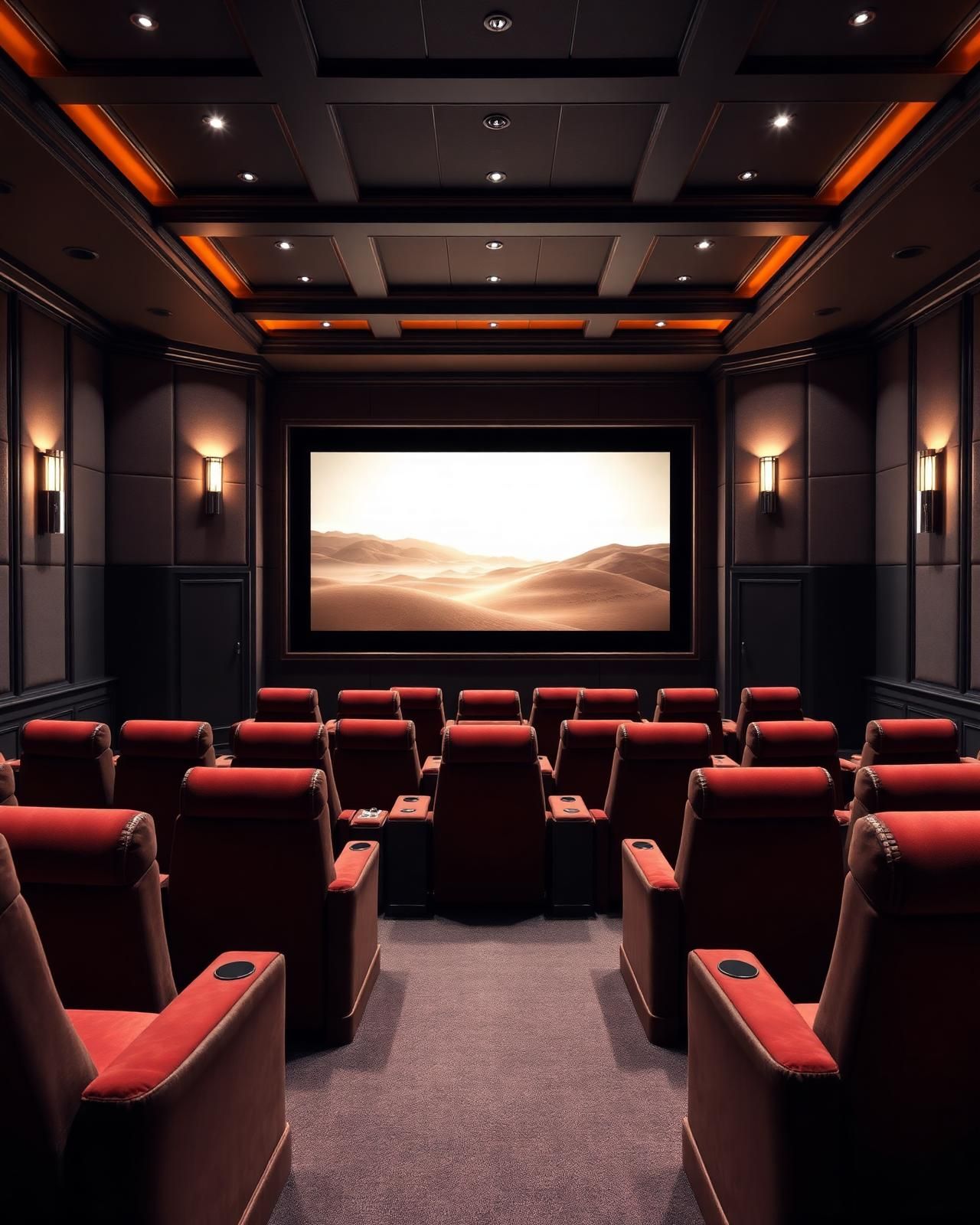 Private home cinema with tiered velvet seating